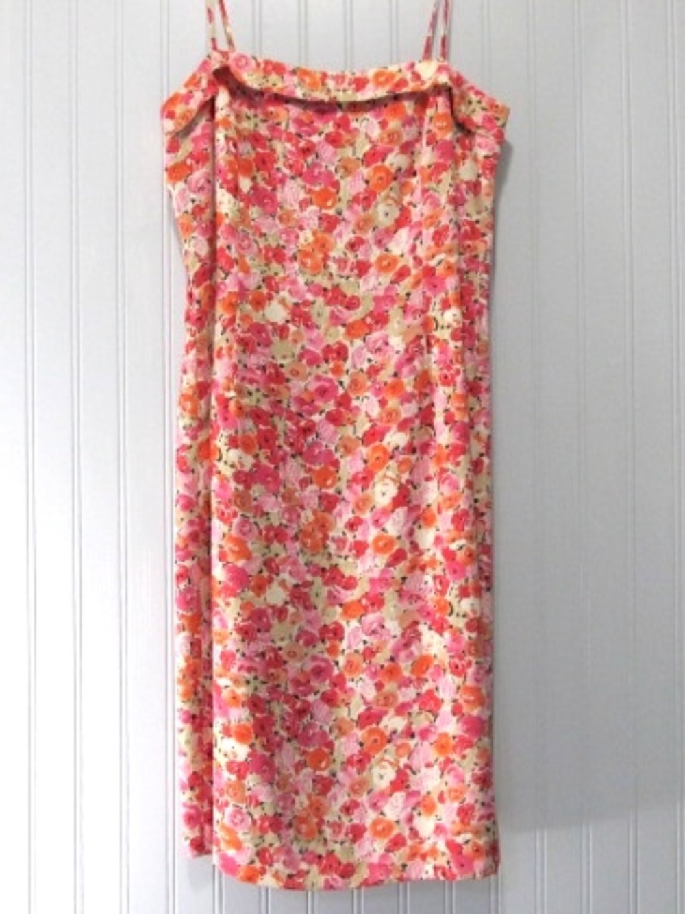 Ann Taylor VTG Ivory Red Pink Orange Floral Spaghetti Straps Silk Dress, Size 6
